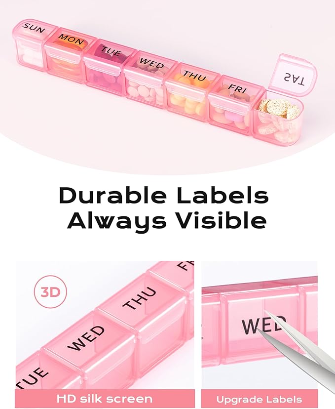 Daviky Weekly Pill Organizer, Large 7 Day Pill Box, Travel Pill Case, Daily Pill Dispenser for Vitamins, Medicines, Supplements, and Fish Oil(Pink)
