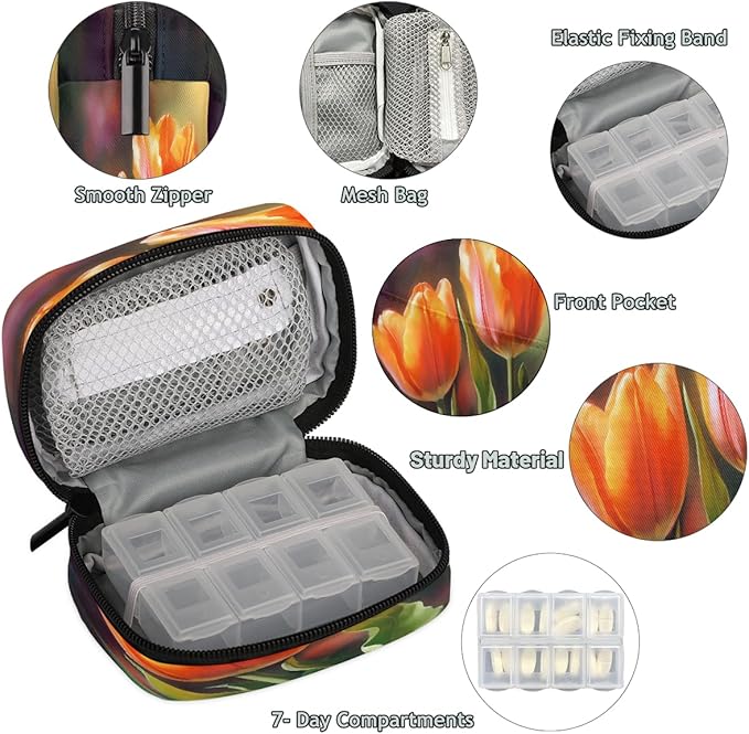 Floral Red Tulip Flower Travel Pill Organizer Box Weekly Portable Pill Case Daily Pills 7 Day Small Birth Control Pills Container Removable Compartments for Medicine Vitamins Fish Oil