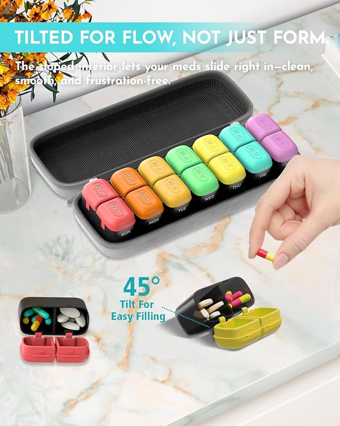 Weekly Pill Organizer 2 Times a Day, 7 Day Travel Medicine Pill Organizer with Moisture-Proof Silicone Lid, AM PM Daily Pill Box for Vitamins & Supplements, Aesthetics Pill Case(Rainbow)