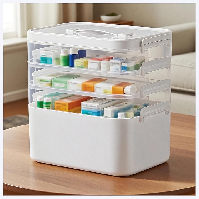 4-Tier Medicine Cabinet Organizer，Portable Medicine Cabinet with Handle, Empty First Aid Kit for Home,Multi-Purpose Organizer for Family First Aid, Home, Travel (Large 11 * 10.8 * 7.6 in)