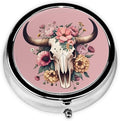 Metal Pill Organizer - 3-Compartment Mini Round Pill Case for Pocket & Purse, Portable Vitamin Holder, Easy-Open Design for Travel - Cow Skull Flowers