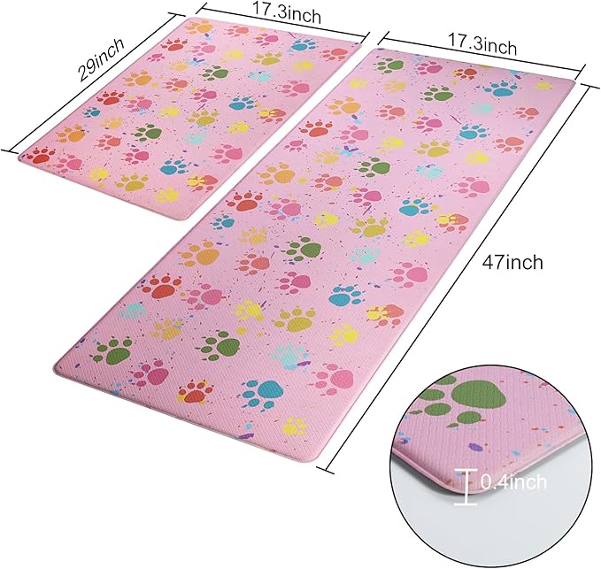 Pink Kitchen Mat Cushioned Anti-Fatigue Floor Mat,Waterproof Non-Skid Kitchen Mats and Rugs Heavy Duty Comfort Standing Mat for Home, Office, Sink, Laundry, Colorful Paws