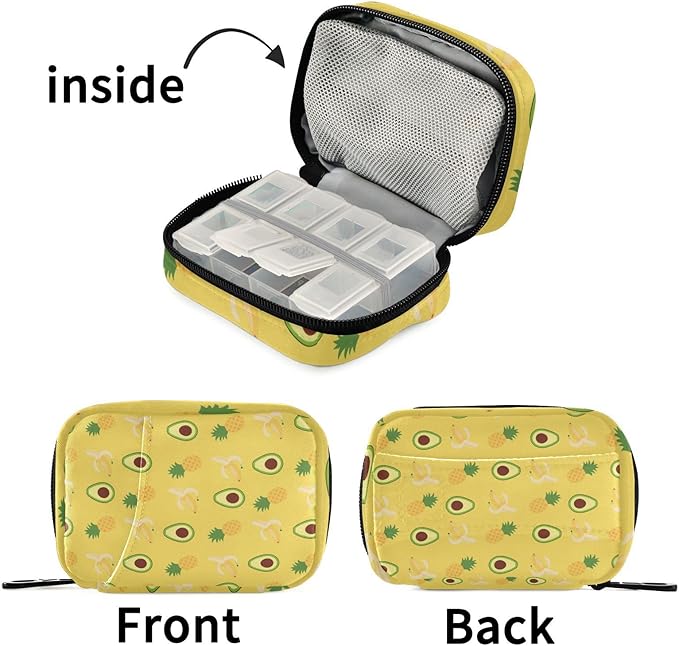 Pill Organizer Box Case Weekly Travel Pill Container Holder 7Day Cute Vitamin Organizer Dispenser Sorter Planner Storage Small Compact Pineapples Avocado Banana Yellow08