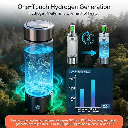 Upgraded 2200PPB Hydrogen Water Bottle Generator, 3-Minute Fast Electrolysis with SPE/PEM Technology, Portable Rechargeable Ionizer for Antioxidant Rich Water, 16oz Borosilicate Glass for Gym Travel
