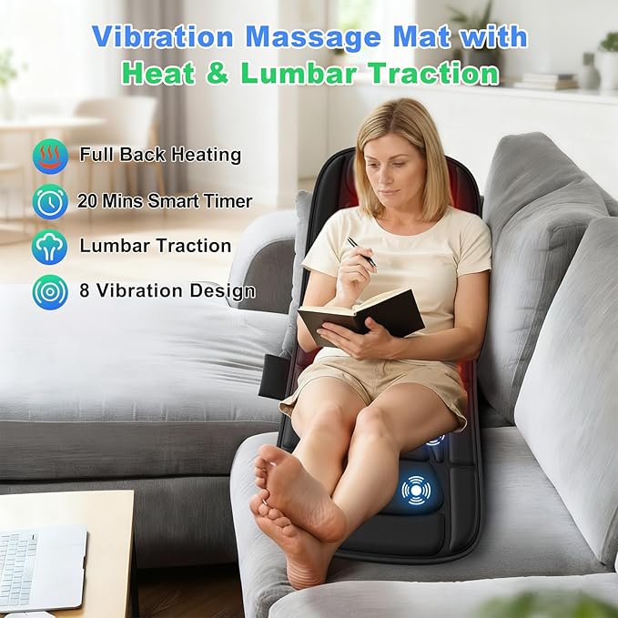 Vibration Massage Mat with Heat, Full Back Heating & Lumbar Traction, Back Massage Chair Pad for Seniors, Office Workers, 3 Intensities & 2 Heat Levels, Fatigue & Pain Relief in Office, Home