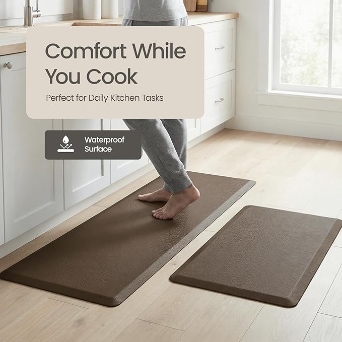 Anti Fatigue Kitchen Mats for Floor | Padded Kitchen Rugs | Non Slip, Cushioned Standing Desk Mat | Waterproof Floor Mat | 17.3" x 28" x 0.47" & 17.3" x 47.2" x 0.47", Brown, 2-Pack | More Décor