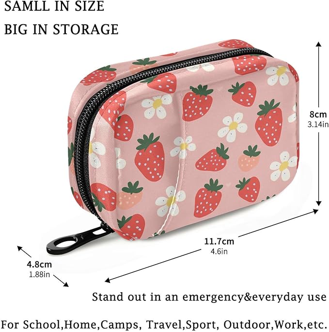 Fustylead Hand Draw Strawberry and Cute Flower on Pink Background Pill Organizer for Purse, Weekly Portable Pill Box with Zipper to Storage Vitamins Fish Oils Medications Supplements