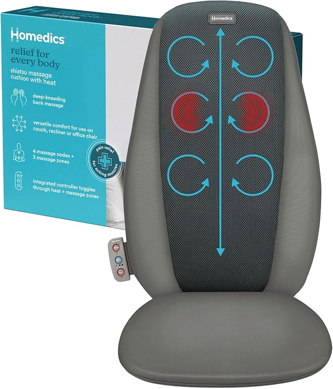 Homedics Shiatsu Massage Cushion with Heat, Pain Relief for Back Muscle Tension, Deep-Kneading Therapy Works Out Knots & Stiffness, 3 Massage Zones, Fits Most Chairs, for Home or Office