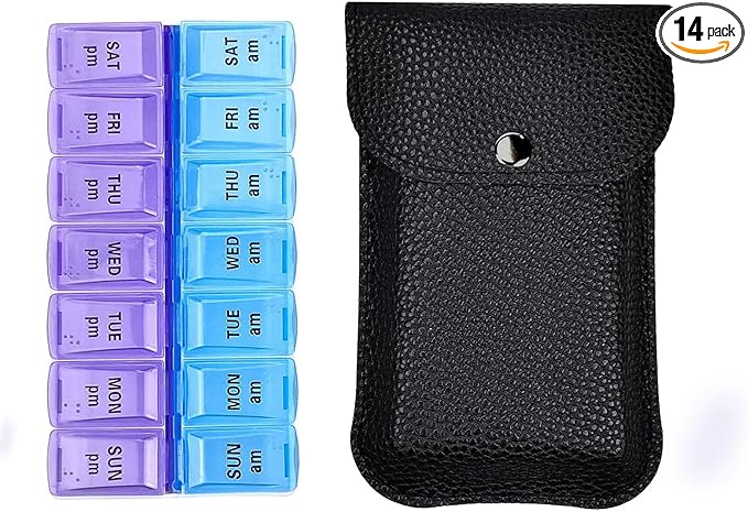 VOFOON Travel Pill Organizer 2 Times a Day, PU Leather Portable Pill Case for Women/Men, 7 Day AM PM Pill Box with Travel Pouch Medicine Organizer for Vitamins Medicine Fish Oils Supplements (Small)