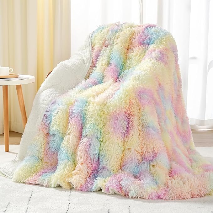 Uttermara Sherpa Fleece Weighted Blanket 12 lbs for Adults, Luxury Shaggy Faux Fur & Cozy Fluffy Sherpa Reverse Snugly Heavy Blanket, Twin Size Throw Blanket for Sofa Bed, 48 x 72 inches, Rainbow