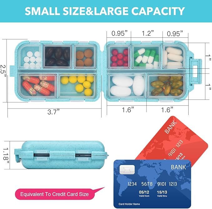 Travel Pill Organizer with Medicine Labels, Travel Pill Box Mini Medicine Organizer Daily Pill Container 10 Compartments Pill Case (Blue, 189 Lables)