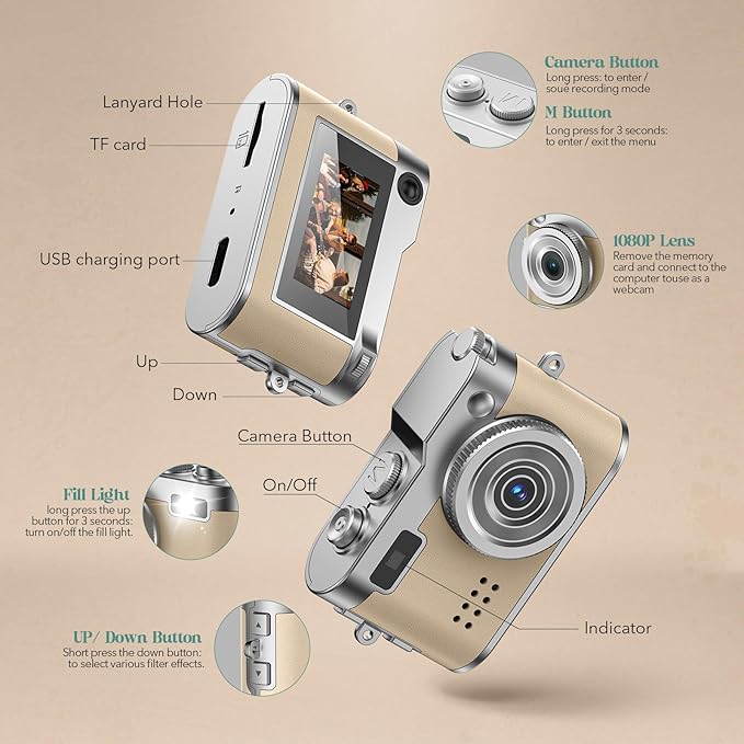 Mini Digital Camera, Keychain Camera 1080P HD with 2MP Lens, Flash, Video Recording, 32G Card Included, Portable and Compact Retro Vlog Camera for Travel, Kids, Beige