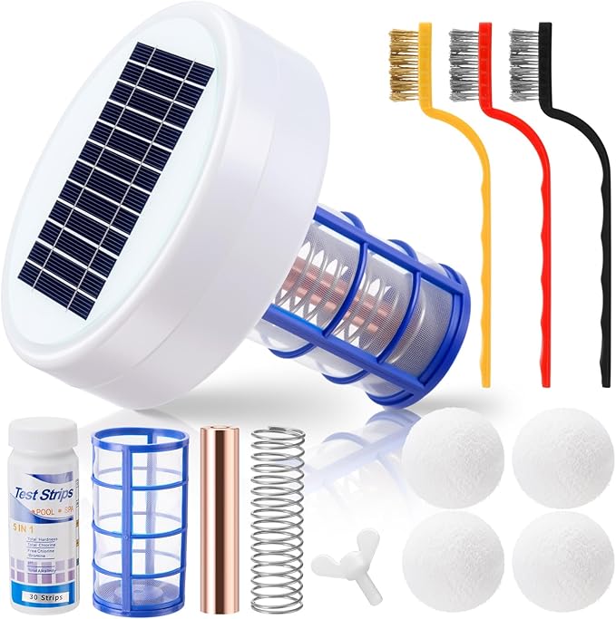 Qualirey Solar Pool Ionizer Automatic Floating Pool Cleaner, Water Ionizer with 4 Pcs Scum Eliminating Ball, for Above Ground and Inground Pools, up to 35, 000 Gallons (Without Light)