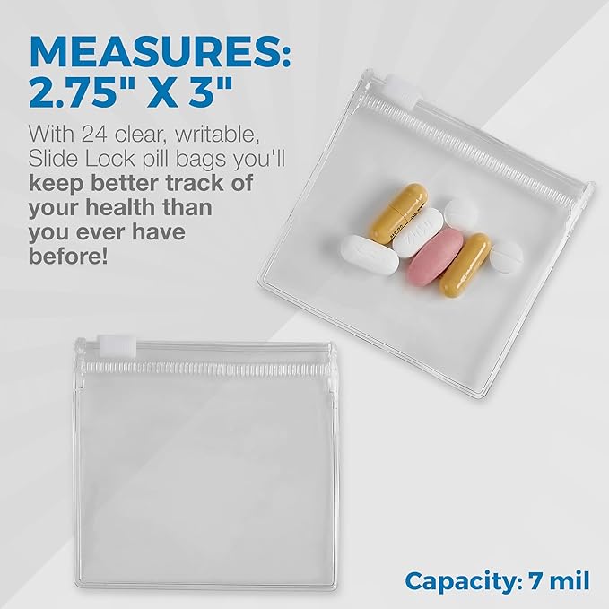 Zippered Pill Pouch Bags - 24 Pcs, Slide Lock Clear Plastic Mini Bags, BPA-Free for Pills Vitamins, Supplements, Medications, Jewelry, Crafts, Small Objects - Self-Sealing, Reusable, Travel-Friendly