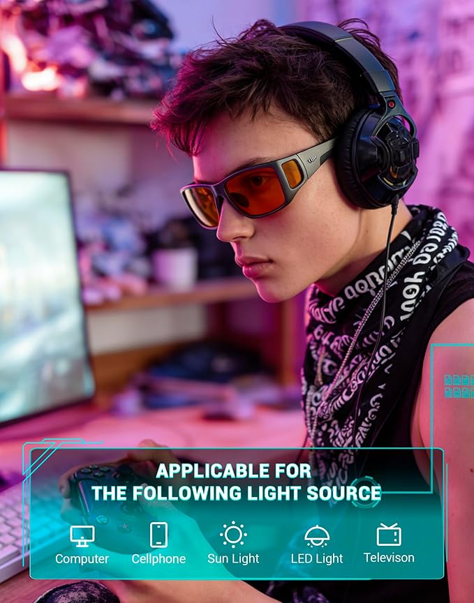 TIJN Sonia Red Sleep Glasses Orange Lens for Blue & Green Light Blocking,Dual AR Coating,Wraparound Frame for Gaming Screen