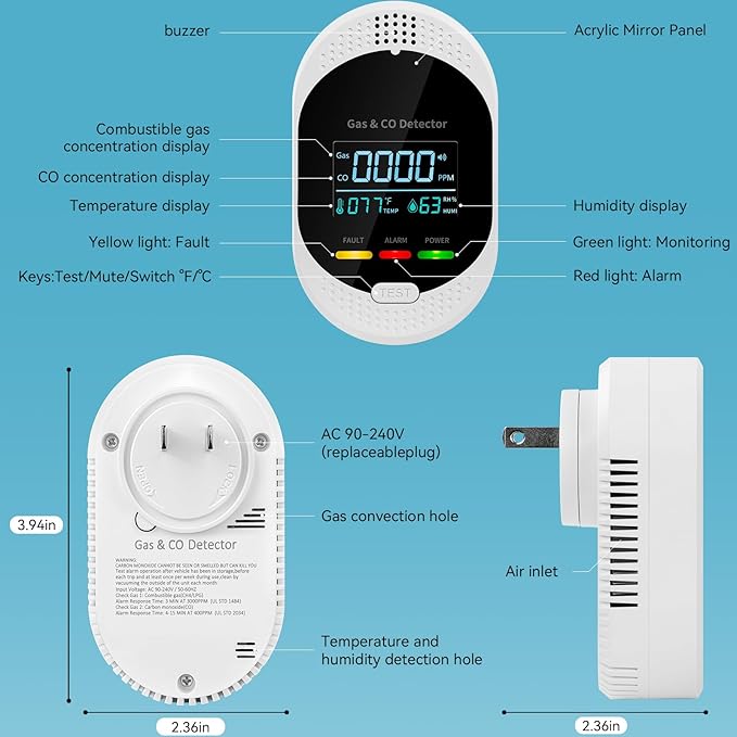 4-in-1 Carbon Monoxide Detectors,Plug in Combustible Gas Detector,Natural Gas & Co Gas Alarm Detectors with Temperature Humidity Display,Clear LCD Screen Sound Light Dual Alarm for Home RV Travel