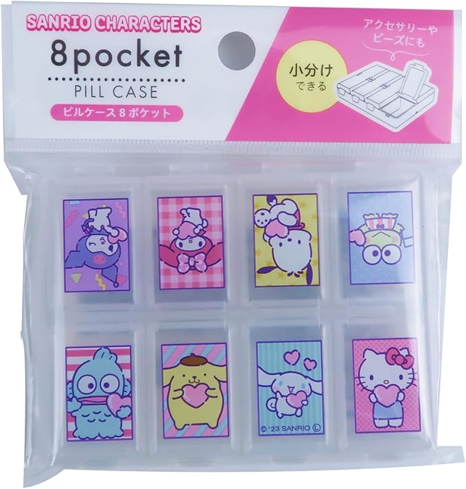 Kawaii Character Travel Pill and Accessories Organizer - Kitty, Cinnamo-roll, Little Twin Stars, and My Melody Pocket-Size (8 Pocket Division)