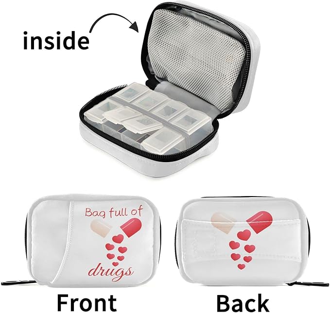 Pill Organizer Pill with Hearts Pill Box 7 Day Pill Case Bag Travel Pill Organizer Bag with Zipper Portable Weekly Case Compact Size for Vitamin Supplement Holder