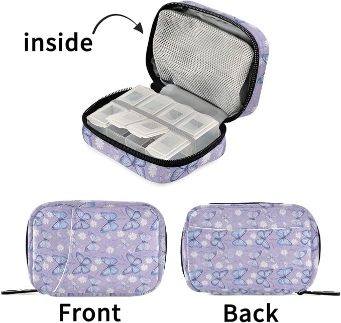 Purple Butterfly Floral Medication Organizer Bag Travel Size Full-Print Zippered Pill Case with Compartments for Handbags Backpacks & More