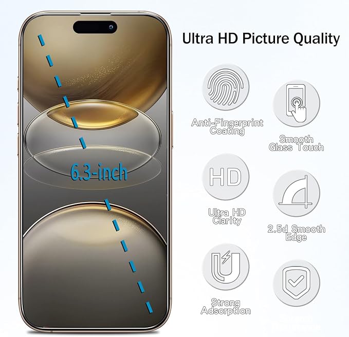 HPTech 2 Pack Anti Blue Light Screen Protector for iPhone 16 Pro/iPhone 17 Eye Protection Tempered Glass Film, Easy to Install, Bubble Free