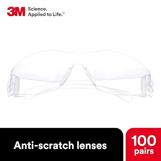 3M Safety Glasses, Virtua, Pack of 100, ANSI Z87, Unisex, Clear Hard Coat Lens, Clear Frame, Economical Eye Protection, Lightweight, Wraparound Coverage, UVA, UVB, UVC