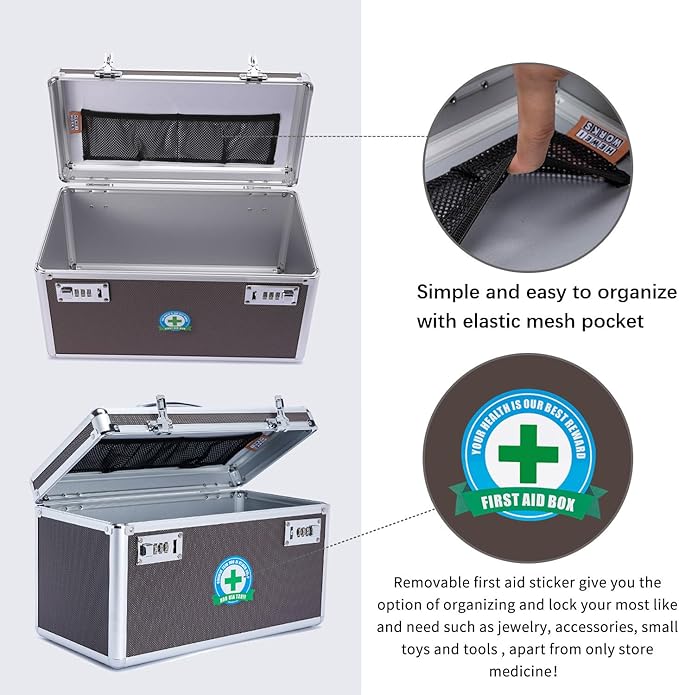 Lockable Medication Box with Portable Storage Case, Childproof Medicine Lock Organizer, Locked Empty First Aid Storage Case (Coffee/Large)