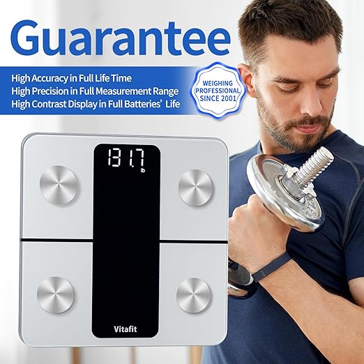 Vitafit Smart Bathroom Scale Body Weight, High Accuracy Assured by Weight Scale Professional Factory Since 2001, App Sync 13 Body Composition Including BMI, Body Fat and Muscle, 400lb, LED, Silver