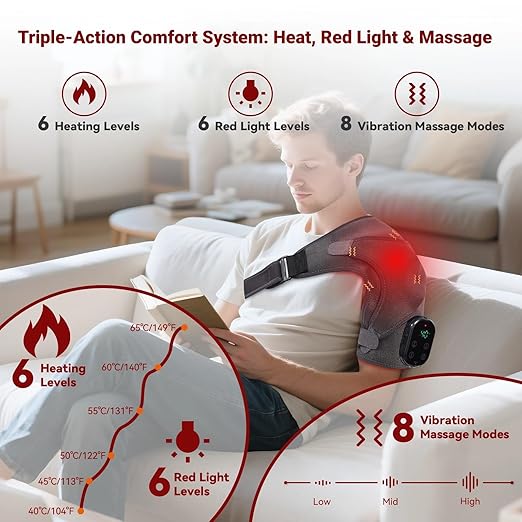 Cordless Shoulder Heating Pad with Massage, Red Light Massager for Soothe Discomfort, Heated Support Wrap for Muscle Comfort, Men & Women. (Grey)