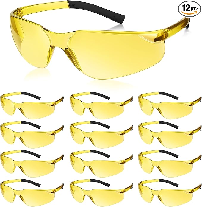 Queekay 12 Pack Safety Glasses Bulk Impact UV Scratch Glasses Protective Eyewear for Men Women Adolescents Eye Protection for Work Lab Construction Science (Amber)