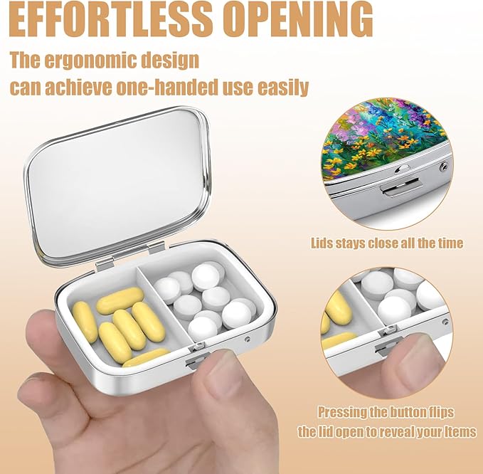 Painting Floral Pill Box-2 Compartment Small Pill Case Square Organizer Case with Mirror Portable Metal Medicine Box Travel Container for Pocket & Purse Women Men（Wildflower）