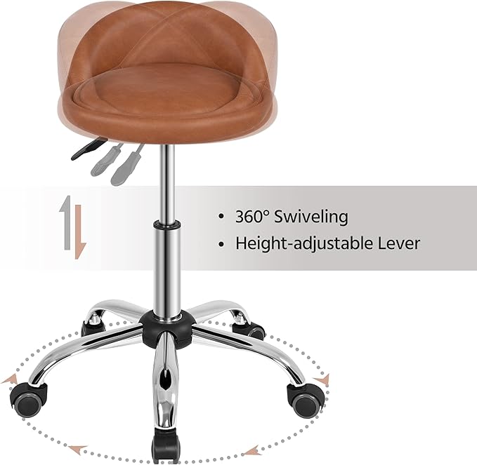 Yaheetech Rolling Stool Adjustable Swivel Stools Chair with Wheels & Back Support Round Tattoo PU Leather Salon Stools for Massage Spa, Retro Brown