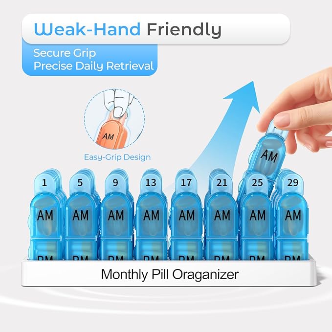 Monthly AM/PM Pill Organizer - Color & Number-Coded 30/31-Day Pill Box with Secure Lids, BPA-Free & Travel-Friendly Design | Large Compartments for Vitamins, Supplements, Medications（Blue