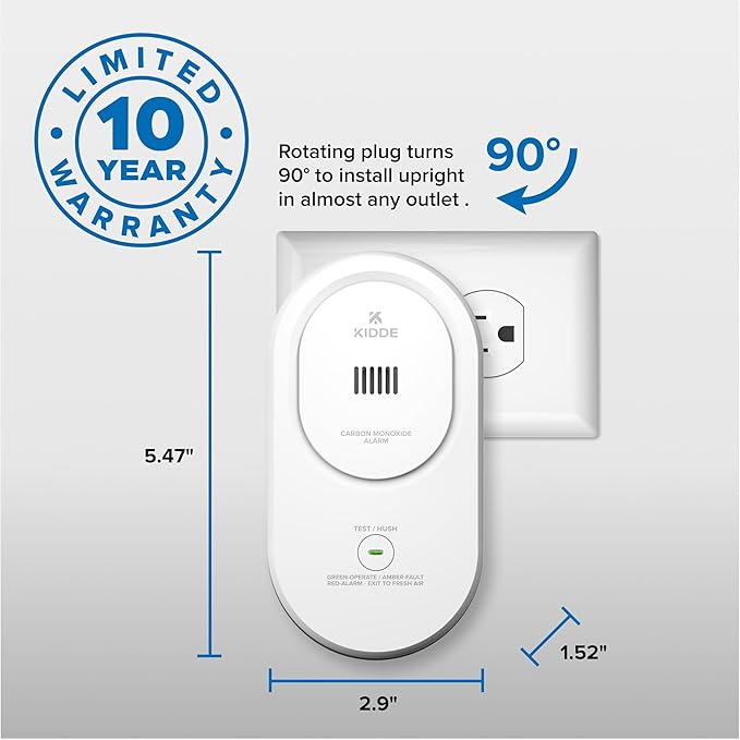 Kidde Carbon Monoxide Detector, Plug-in Carbon Monoxide Detector with AA Battery Backup, 85 dB Alarm, Rotating Plug, LED Status Light Indicators, 5th Edition, COP