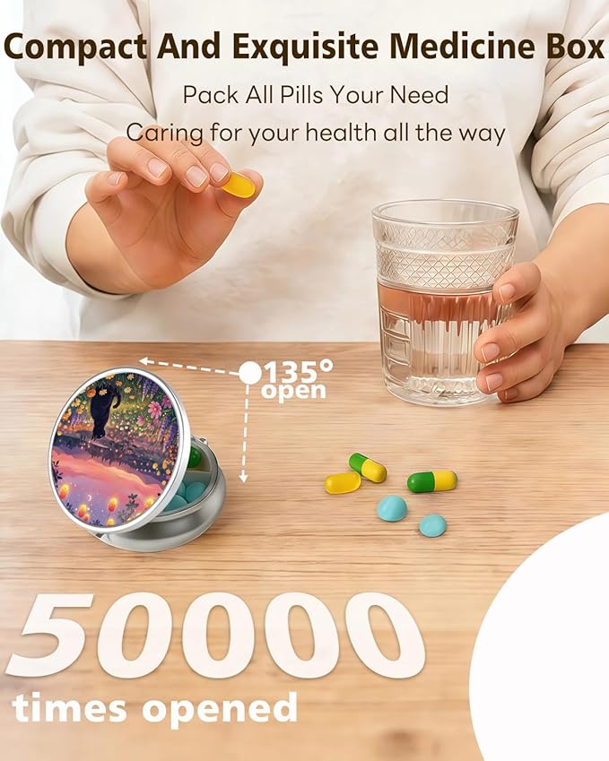 LRITER Pill Case, Portable Travel Pill Box, Pillbox Organizer, Cute Small Medicine Storage Container, Purse Accessories for Women, Men (Cat and Flower)