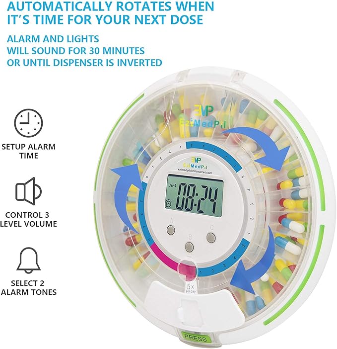 EziMedPil Automatic Pill Dispenser w/Audio & Visual Alerts, up to 6 Alarms/day, 6 Dosage Templates, Easy-Read LCD Display, Lock Medication Dispenser w/Key for Prescriptions, Vitamins & More, Clear Lid