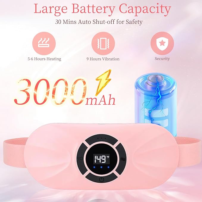 Portable Heating Pad for Period Cramps Relief Vibrating Menstrual Heating Belt for Women, Rechargeable Fast Heat with 6 Heat Levels and 6 Modes for Menstrual, Pain Relief for Back & Stomach (Pink)