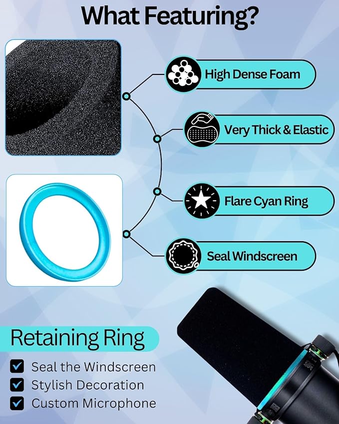 SM7b Foam Cover for Shuer SM7B, MV7 POP Filter RK345 Replacement, Windscreen with Colored Retaining O-Ring Identified Seat (Cyan)