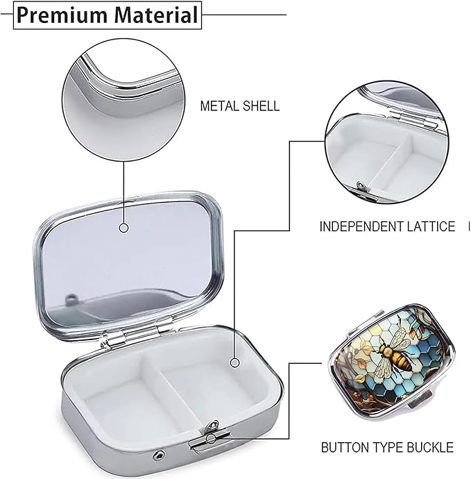 WATASSA Pill Box with Animal Style Mirror All-in-One 2-Compartment Portable Medicine Organizer, Marble Pattern Travel Pill Case for Vitamins&Daily Medication(Fits Pocket/Purse) (Amber Bee)