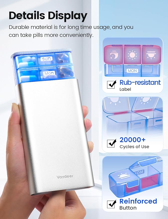 Vaydeer Metal Pill Organizer 3 Times a Day, Weekly Pill Box with Built-in Desiccant Compartment, Airtight 7 Day Travel Pill Case for Medication, Vitamins & Supplements (Rose Gold)