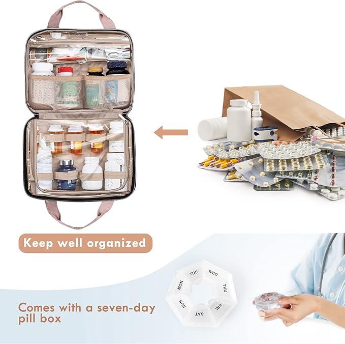 BAGSFY Medicine Bag for Traveling, Pill Bottle Organizer Storage, Large Medication Travel Case, Pills Box for Vitamin, First Aid Kit Bags Empty. (Comes with Weekly Pill Organizer)