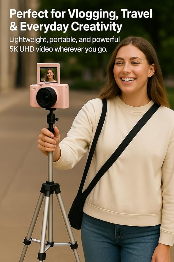 4K/5K Digital Camera – 75MP Vlogging Camera for YouTube, 180° Flip Screen, 18X Zoom, WiFi – Pink Ultimate Kit with 64GB Card, 50" Tripod, Carrying Case, Macro/Wide Lens, Flash & Filters – Acuvar