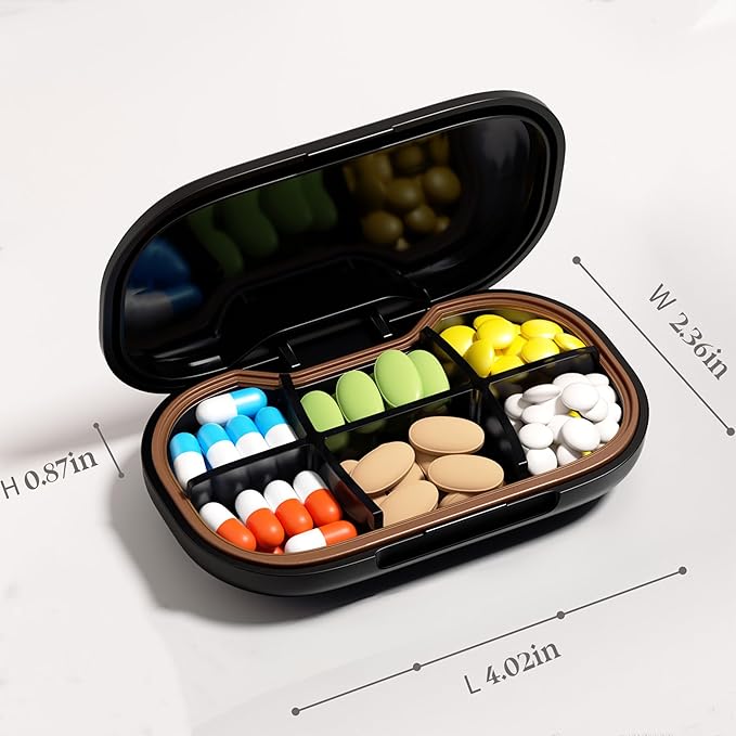 6-Compartment Pill Organizer - Small Compact Daily & Travel Pill Case Container for Vitamins, Medication and Supplements - Portable Black Medicine Pill Box Holder with Stylish Cute Design
