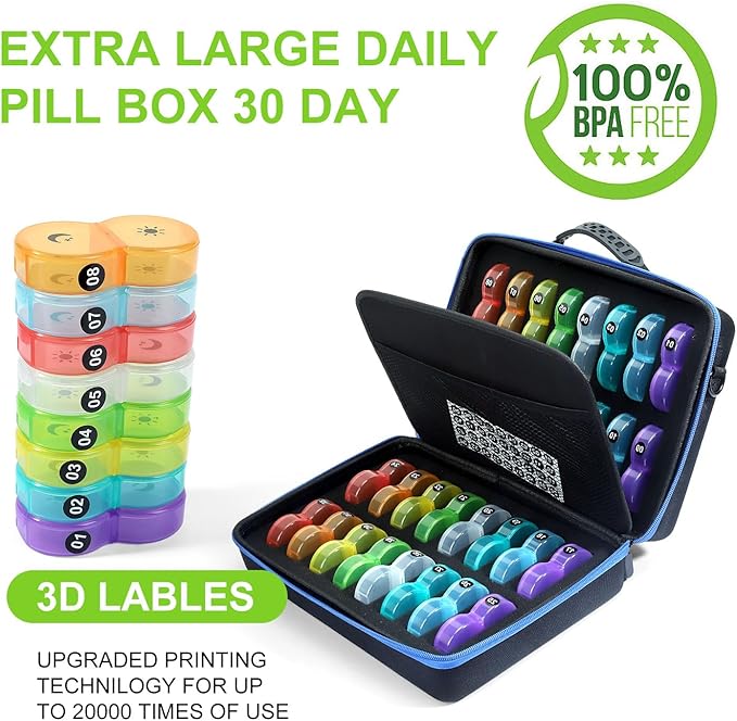 Monthly Pill Organizer Box 2 Times a Day, Monthly Pill Box AM PM with 32 Daily Pocket Case, Traval Pill Box with Portable Hard Case, Extra Large Medicine Box Holds Vitamin, Cod Liver Oil & Supplement
