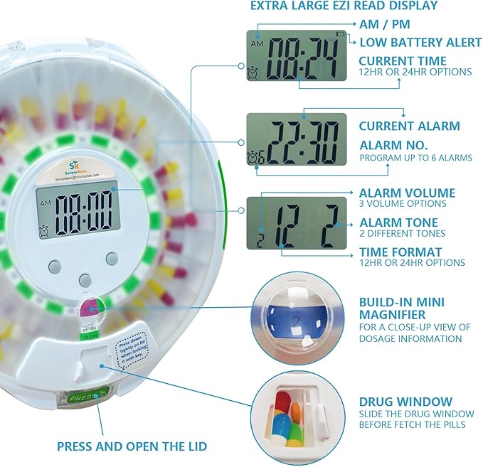 28-Day Automatic Pill Dispenser with Sound & Light Alerts for Elderly, up to 6 Alarms/Day, 6 Dosage Templates, Locked Frosted Lid Medication Dispenser for Protecting Pills Privacy