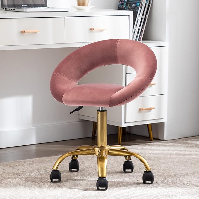 DUHOME Swivel Rolling Chair, Velvet Home Office Chair Adjustable Hydraulic with Backrest for Salon Tattoo Office Massage Medical Facial Spa, Pink