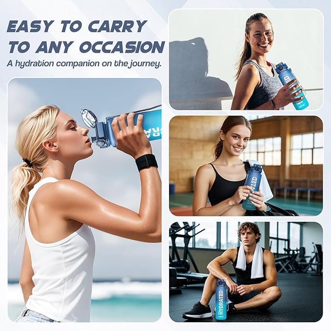 Water Bottle, 32oz Sports Water Bottles with Time Marker Wide Mouth, Motivational and Leakproof Drink Bottle, BPA Free Tritan with Carry Strap for Gym Fitness Outdoor (1 Bottle)