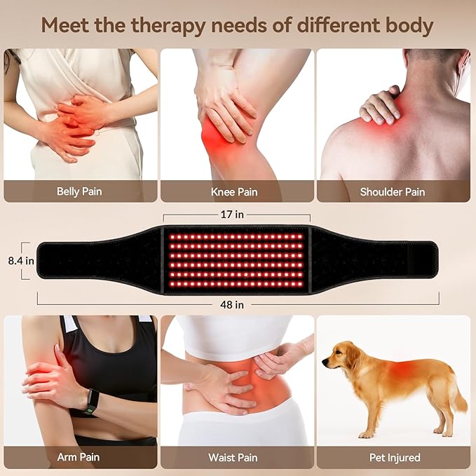 Red Light Therapy Belt, 660nm & 850nm Infrared Red Light Therapy Wrap with Massage and Timer, 5000mAh Cordless Rechargeable Red Light Relaxation Belt for Back, Abdomen, Joint & Muscle