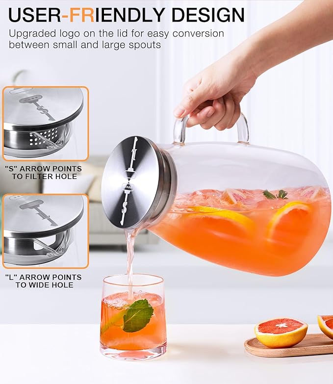 Glass Pitcher with Lid, 1 Gallon 128oz Water Pitcher with Handle and Spout for Fridge, Borosilicate Glass for Iced Tea, Juice, Sangria, Cold/Hot Beverage, Large Jug with Extra Wide Mouth