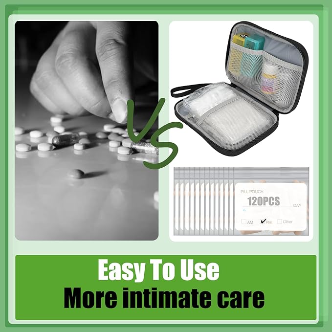 Pill Pouch Bags for Travel with Medicine Bag, Pack of 120 BPA Free 3 x 2.75 inch Reusable Pill Bag for Medicine with Write on Label Clear Ziplock Seal Daily AM PM Pill Baggies for Medicine Organizer
