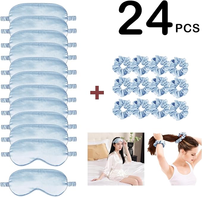 24Pcs Satin Eye Mask Silk Sleep Masks Silky Eyes Cover Blackout Blindfold Eyeshade Scrunchies Hair Ties Travel Wedding Gift